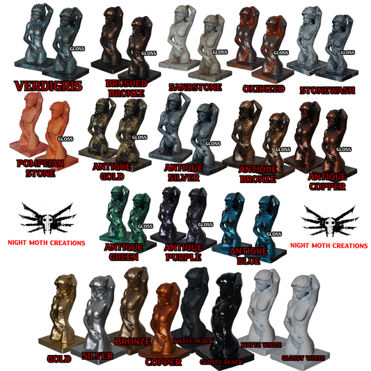 a bunch of different types of statues on a white background
