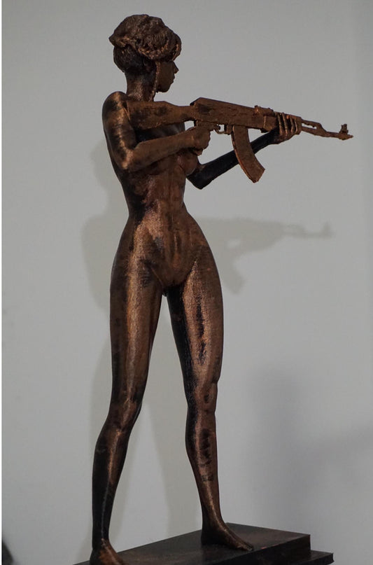 Fighter Statue, Bold Female Form With AK-47, 3D Printed, Glossy Finish