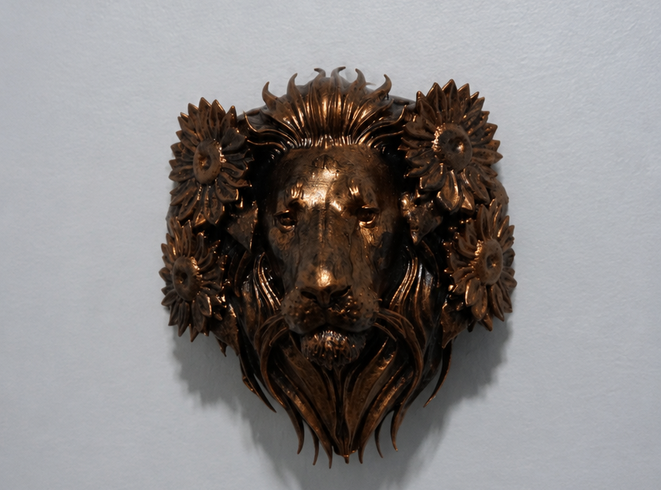 Lion Head Wall Decor, Floral Resin Sculpture, Majestic Wall Hanging