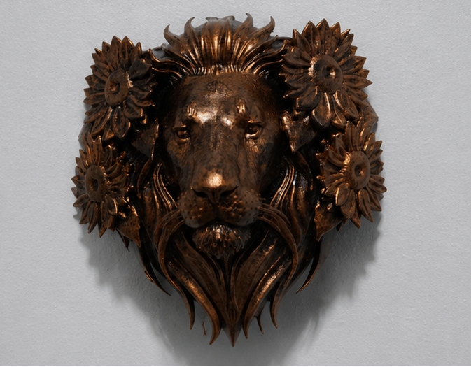 Lion Head Wall Decor, Floral Resin Sculpture, Majestic Wall Hanging