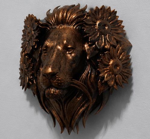 Lion Head Wall Decor, Floral Resin Sculpture, Majestic Wall Hanging