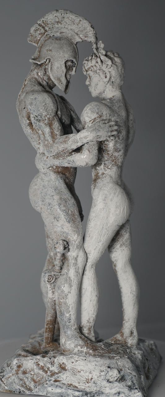 Cream and Stone Achilles and Patroclus Statue Classical Male Sculpture Figurative Art Dramatic Greek Inspired Decor